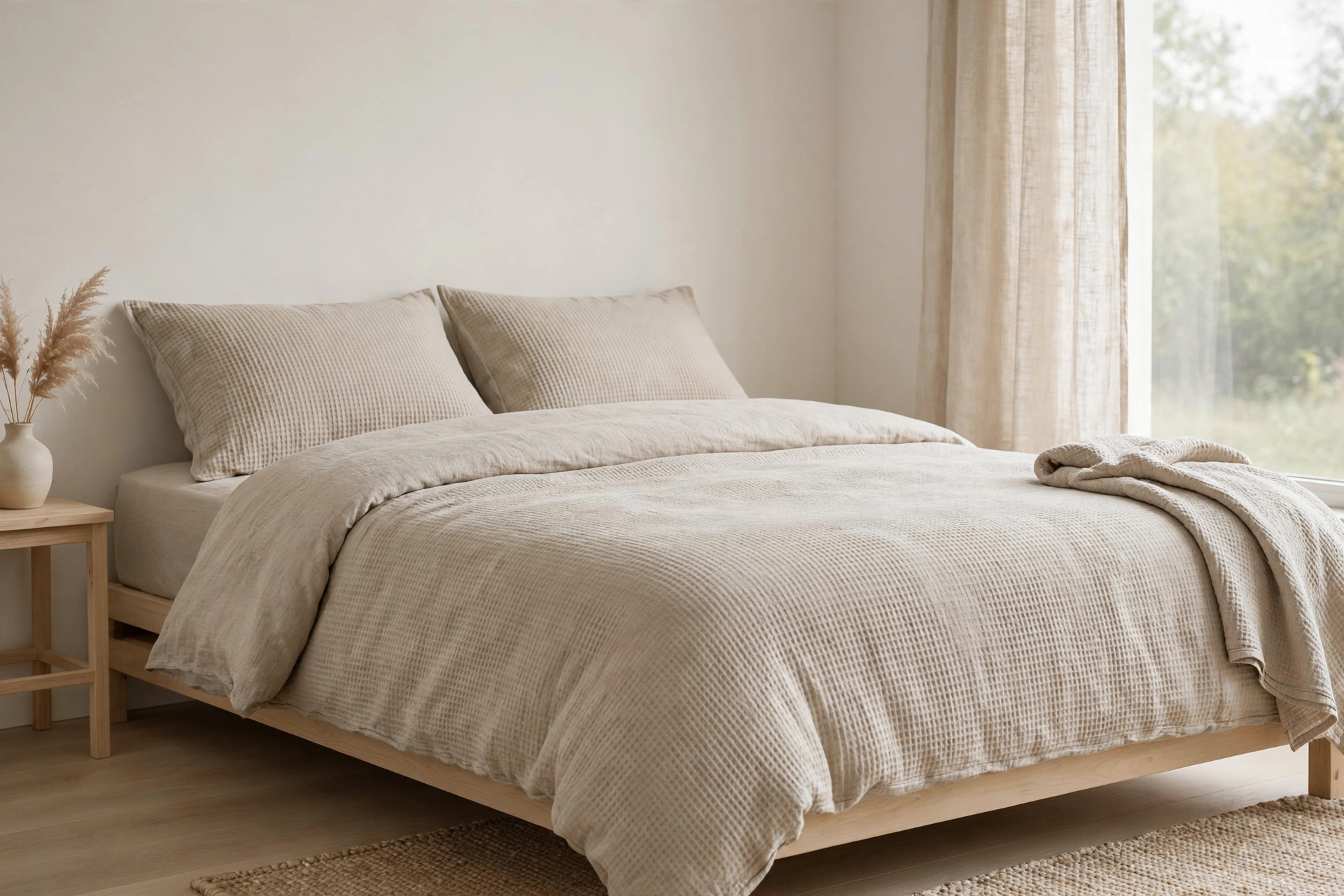 Bed with tone-on-tone oatmeal linen bedding in a serene minimalist studio sleeping zone