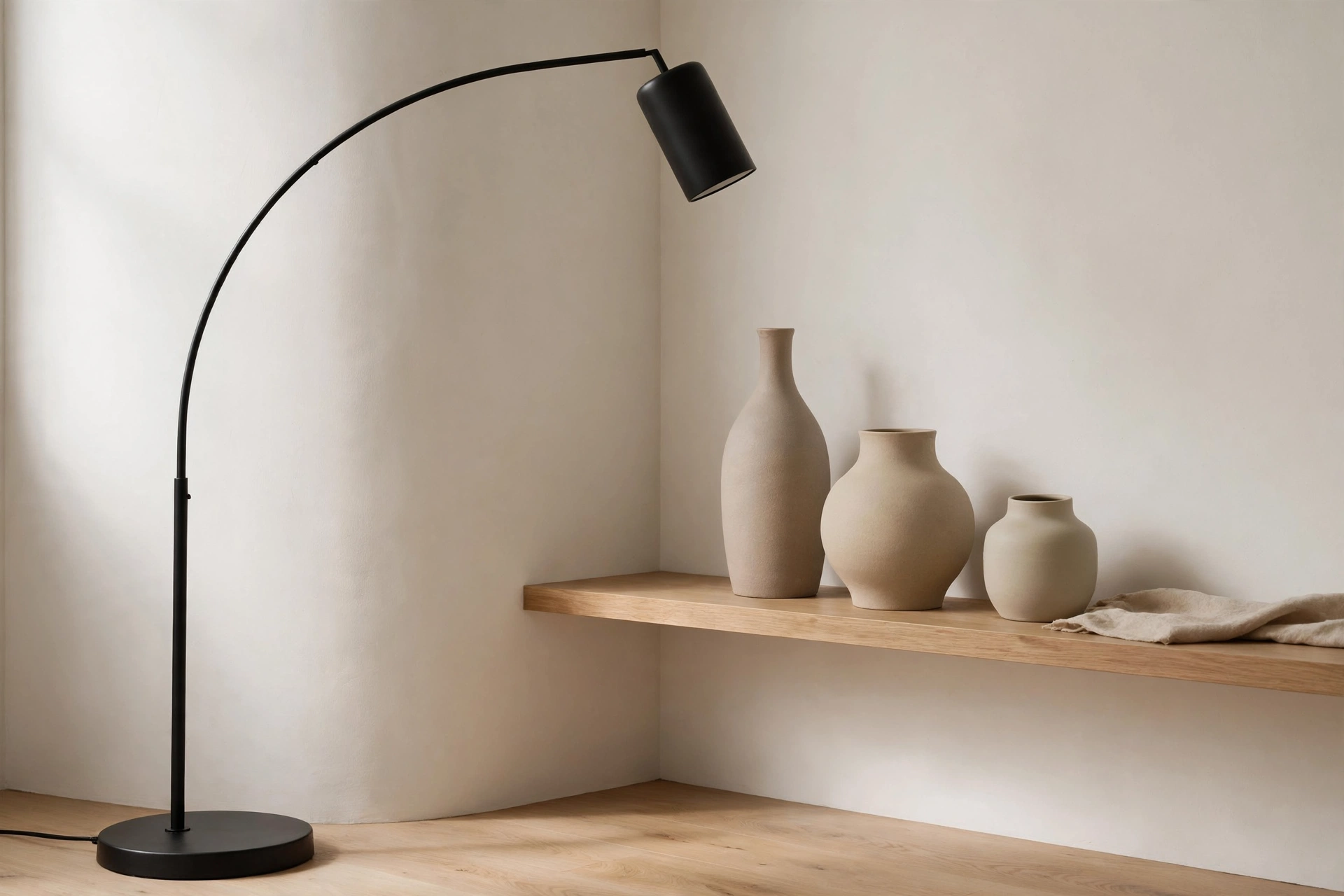 Minimalist studio corner with matte black floor lamp and matte ceramic vases on oak shelf