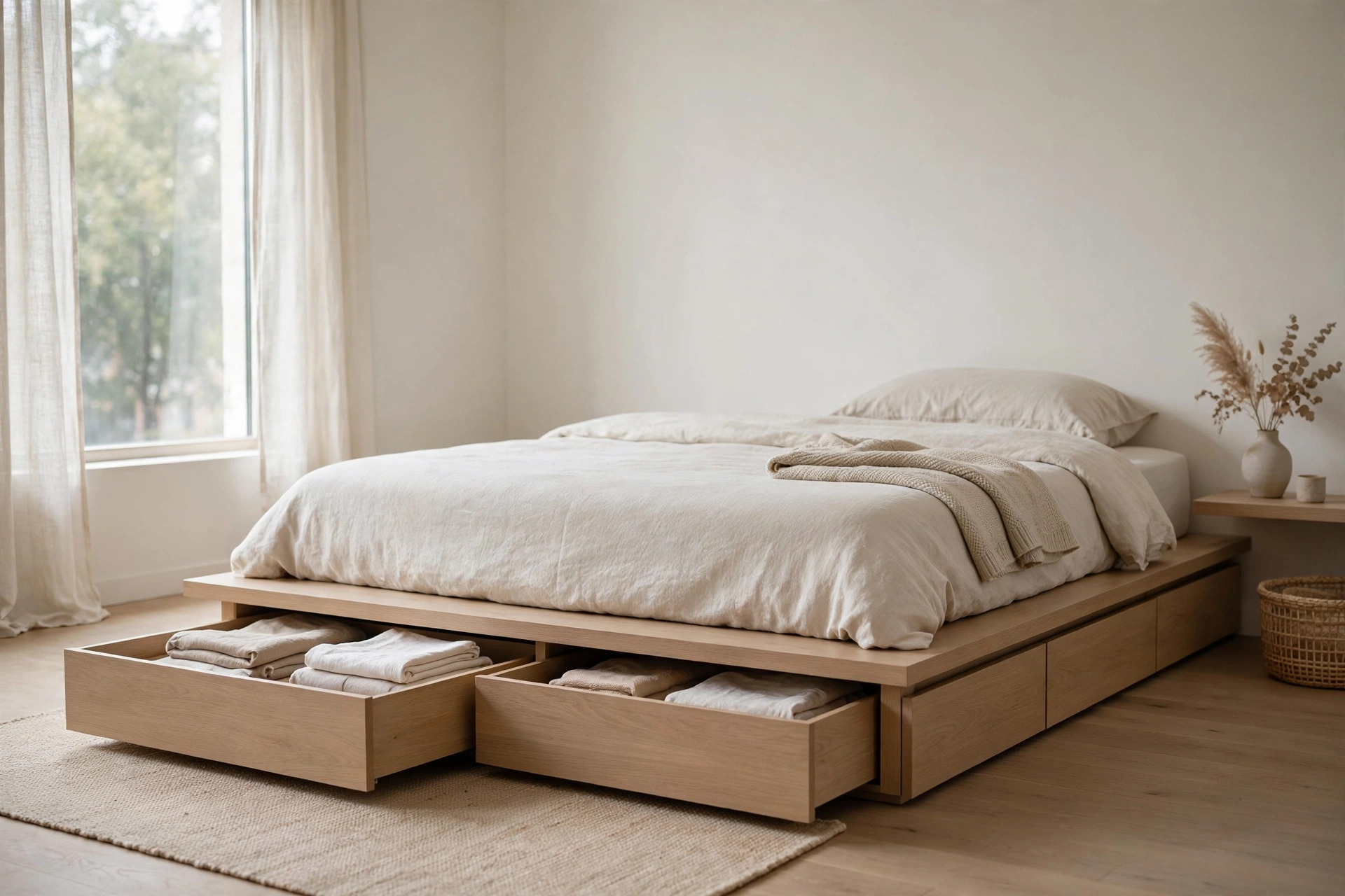Low platform bed with seamless pull-out storage drawers in a minimalist studio bedroom