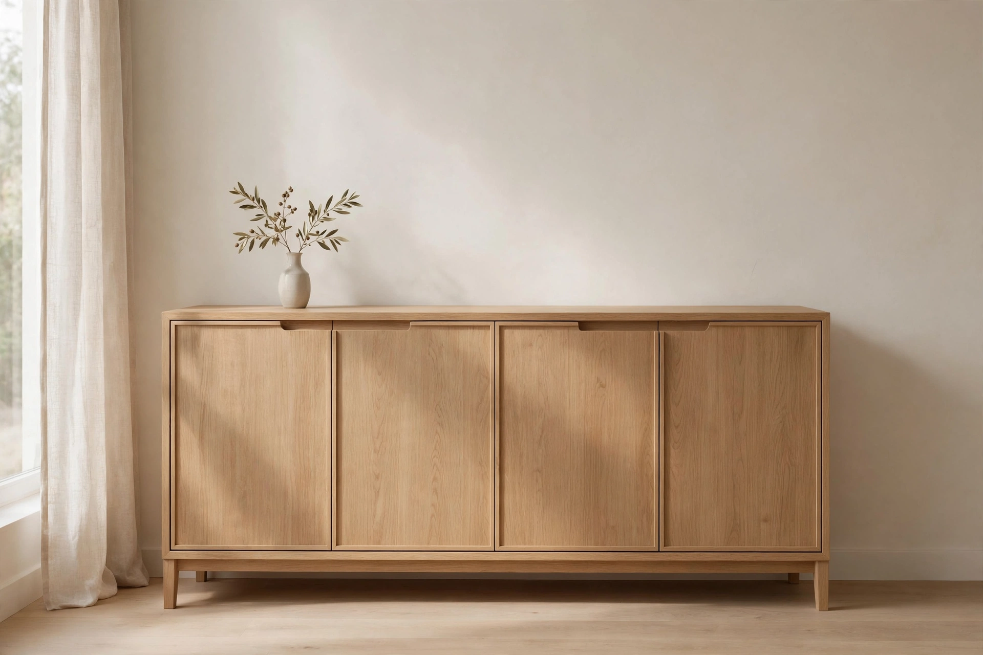 Light oak sideboard with closed doors hiding storage in a calm minimalist studio living zone