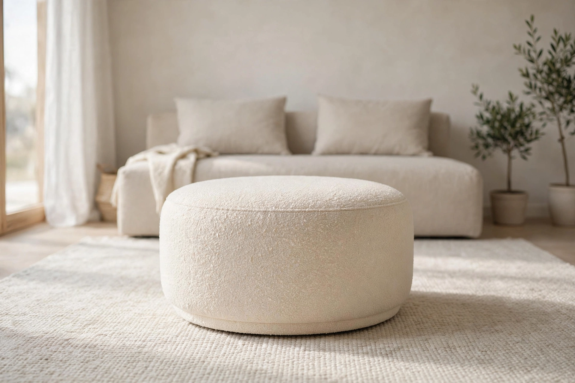 Round boucle storage ottoman in a neutral minimalist studio living area