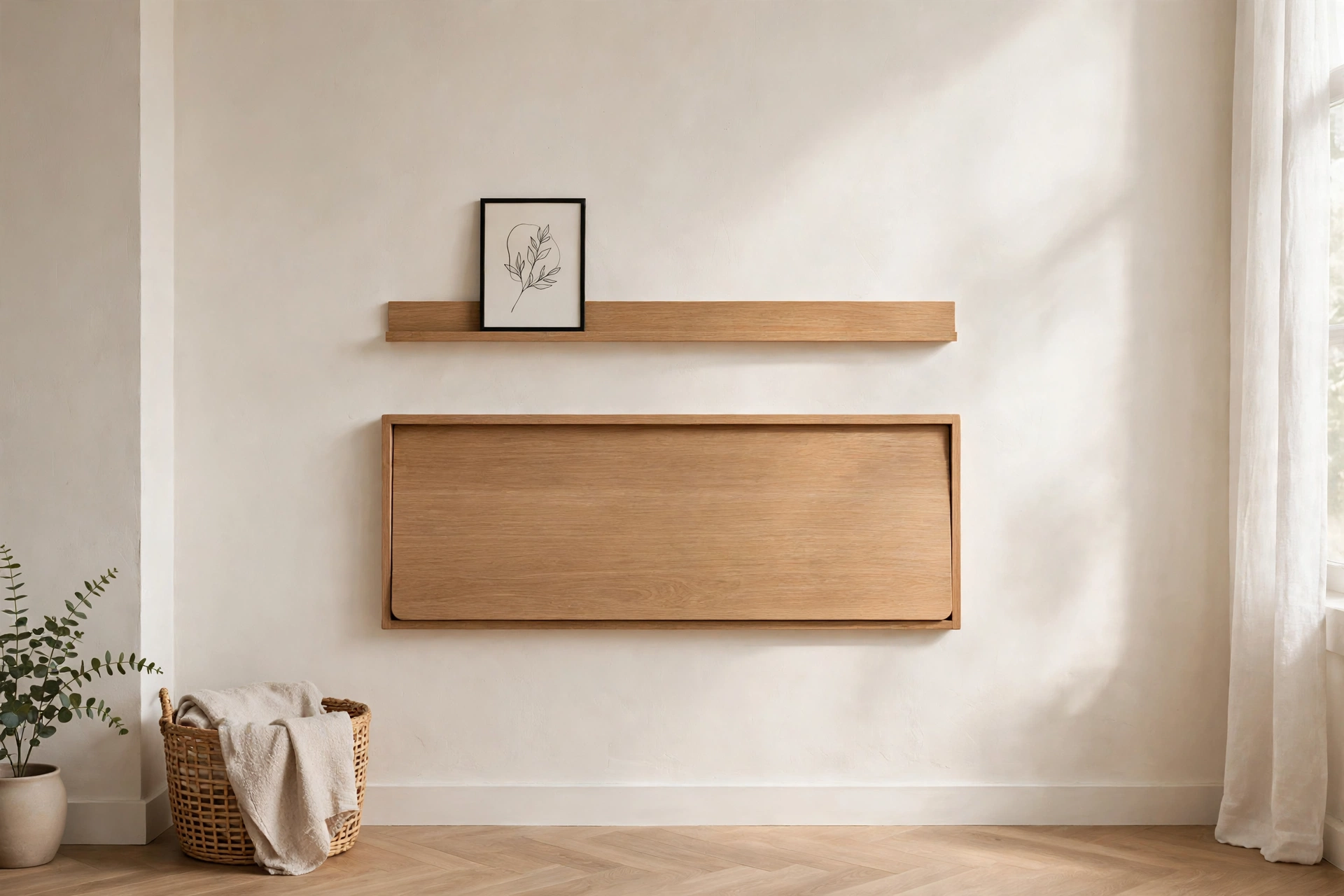 Wall-mounted fold-down desk closed flat against the wall in a minimalist studio workspace