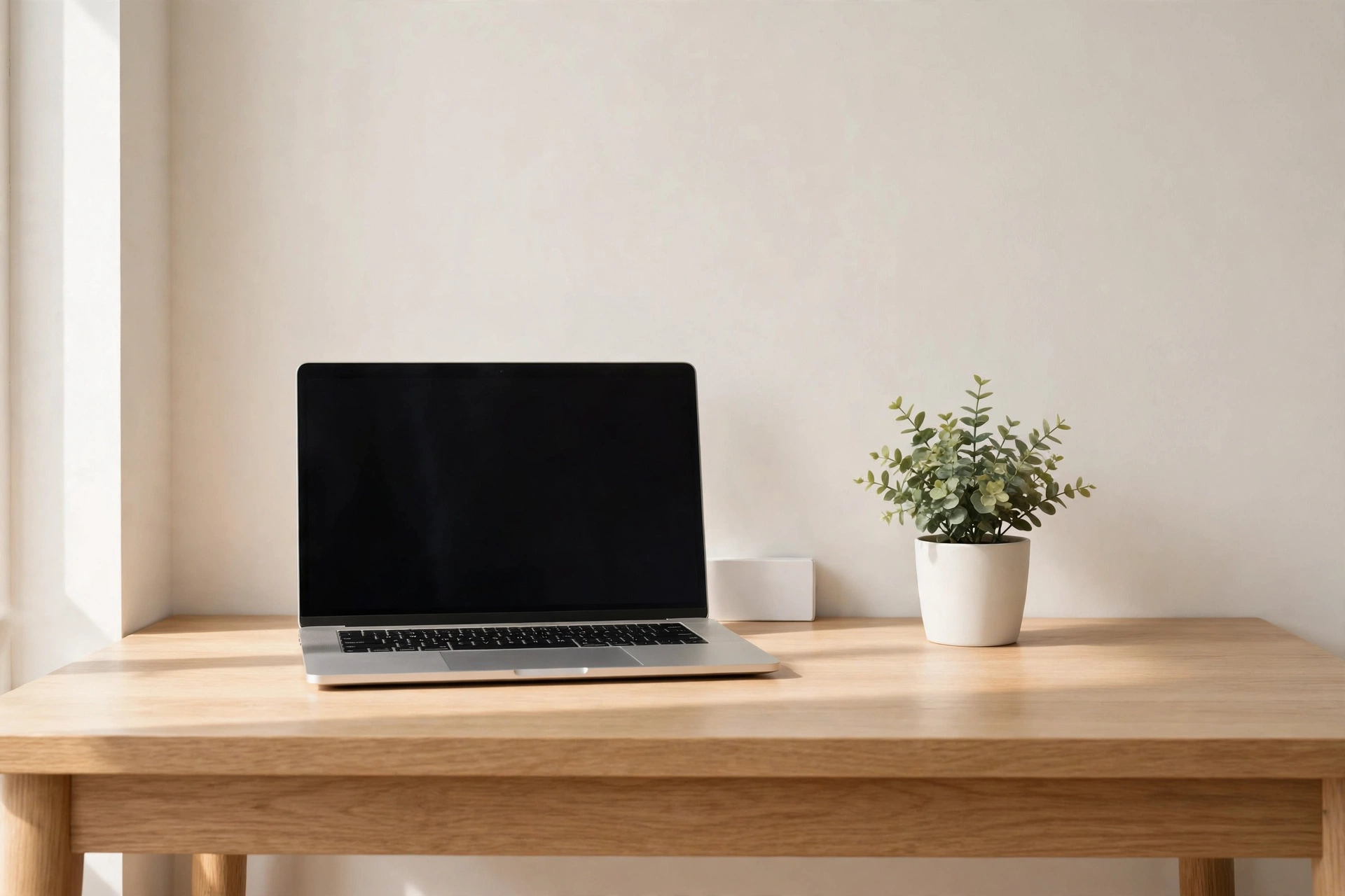 Clean minimalist desk with zero visible cables and hidden power management in a studio