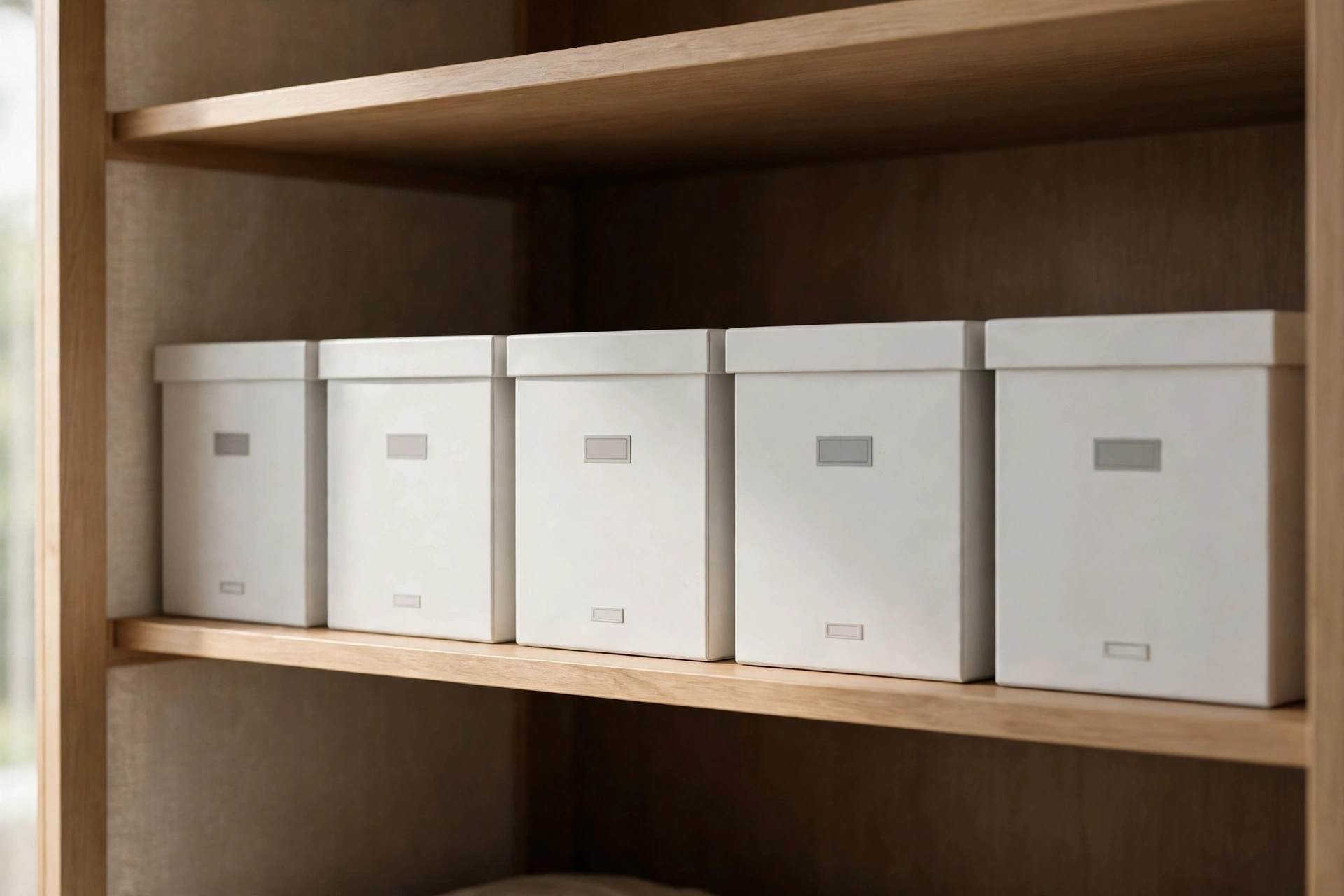 Row of identical matte white storage boxes with small labels on a studio closet shelf