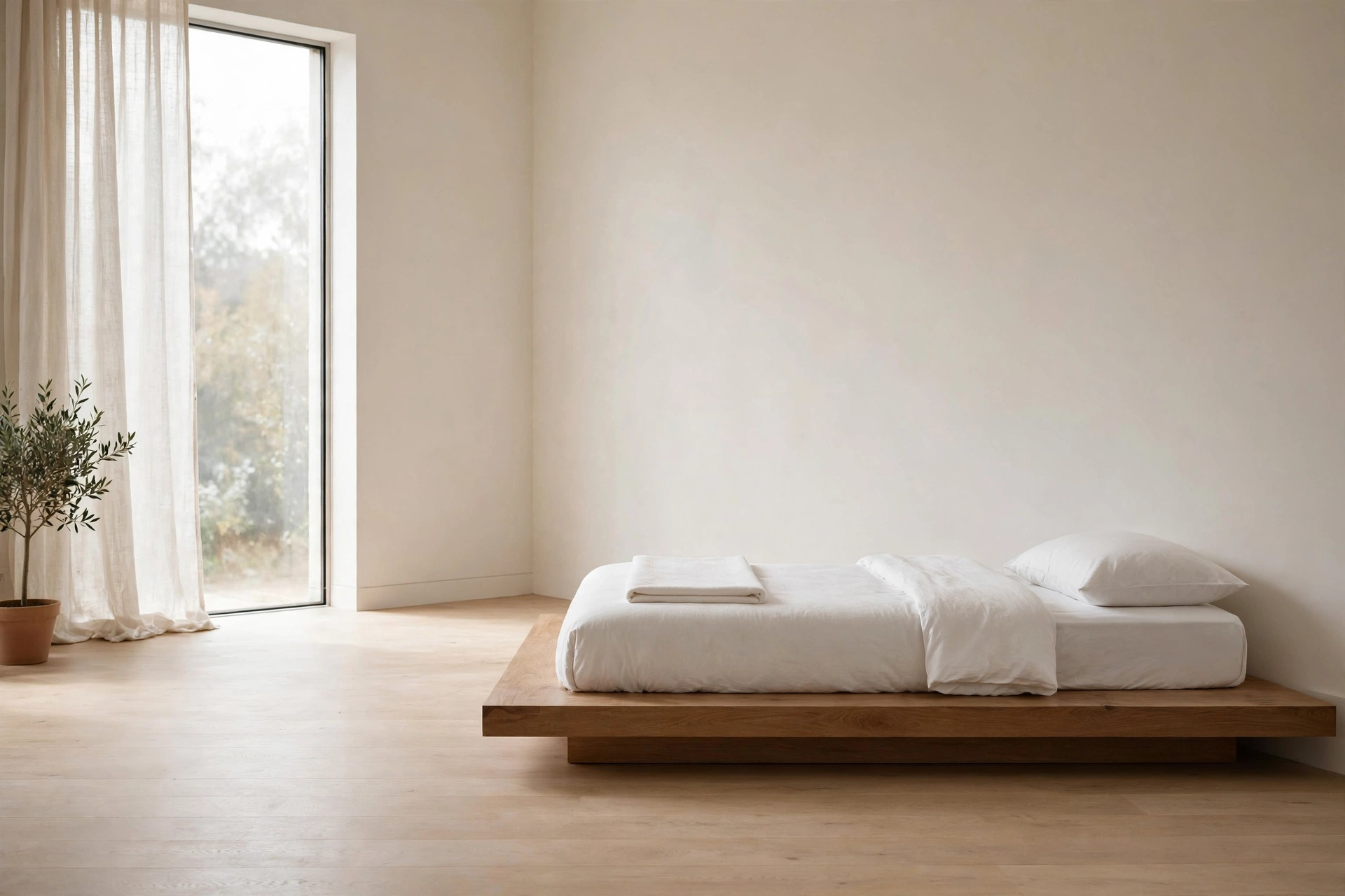 Low solid-wood platform bed with simple neutral bedding in a minimalist studio