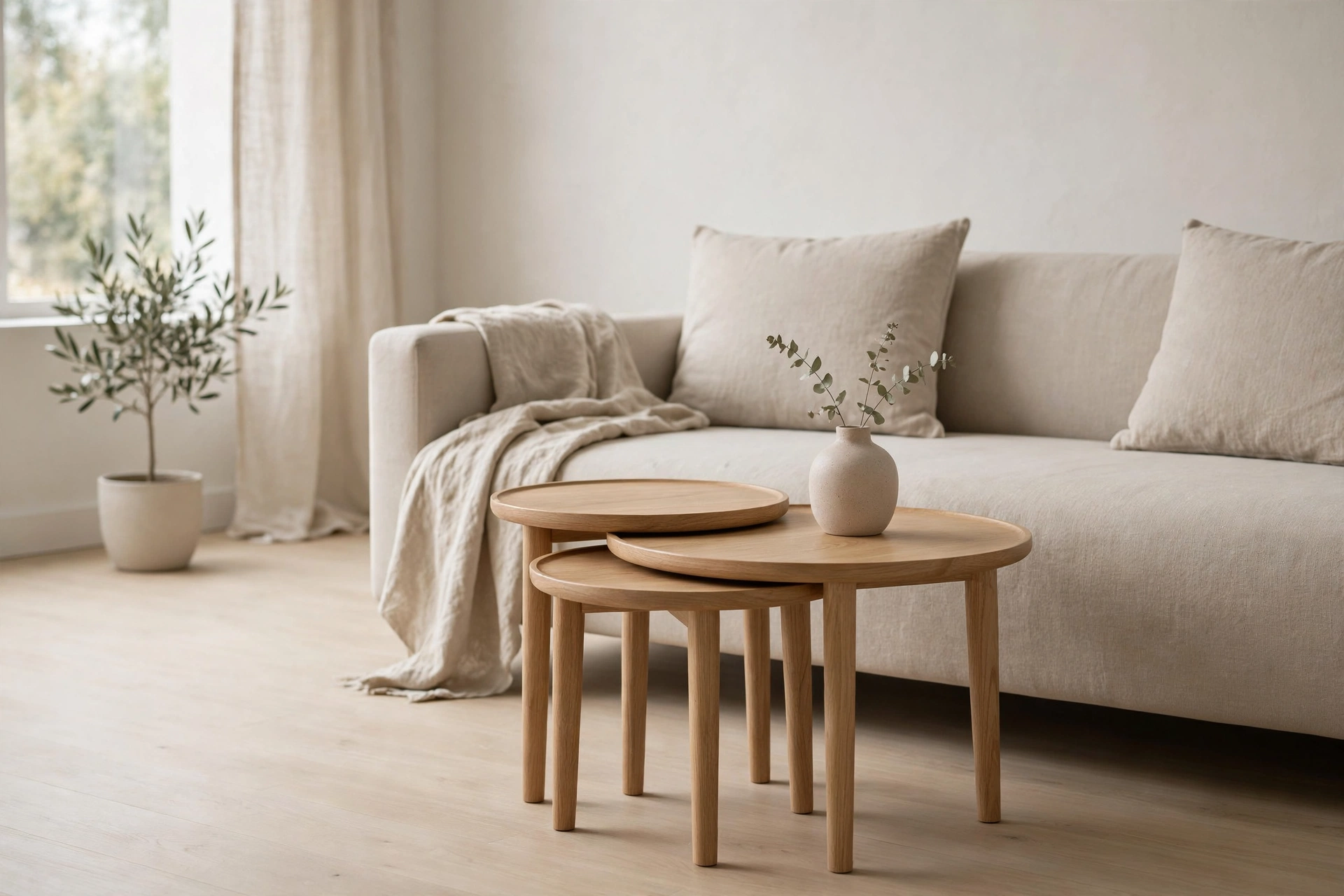 Set of round oak nesting tables tucked together in a minimalist studio living zone