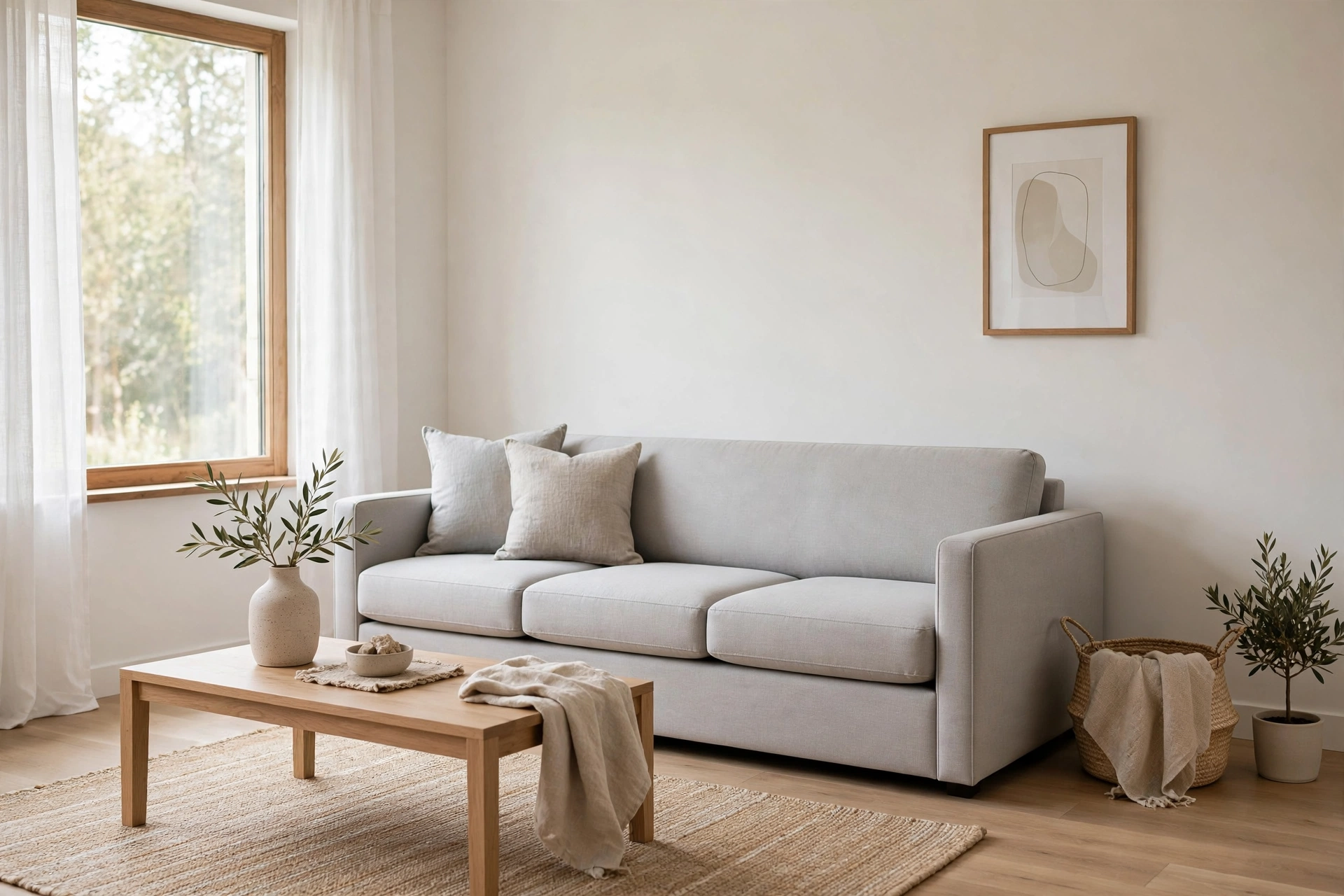 Modern track-arm sleeper sofa in light gray fabric in a minimalist studio living area