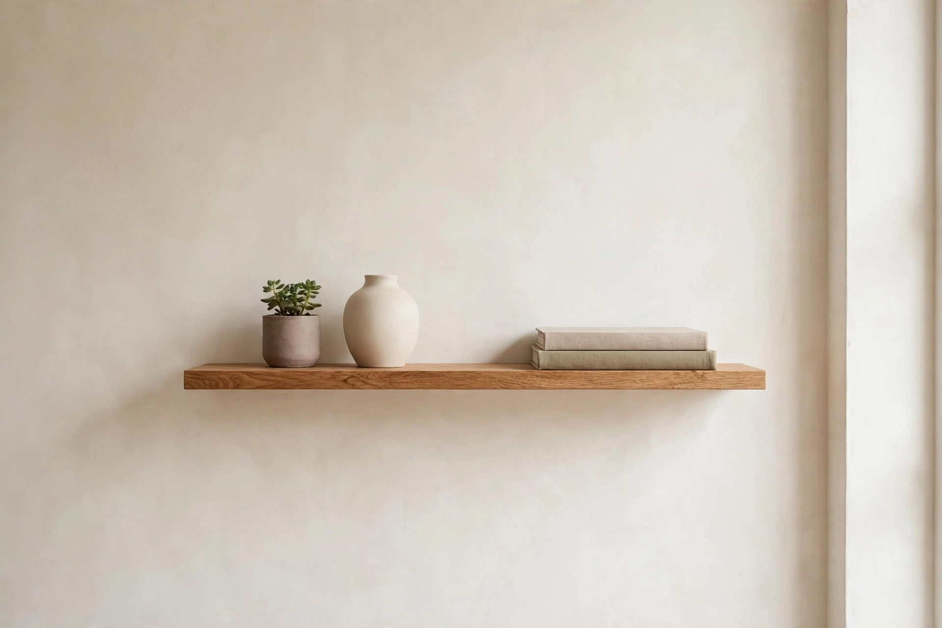 Single floating oak shelf with three minimal objects and generous negative space in a studio
