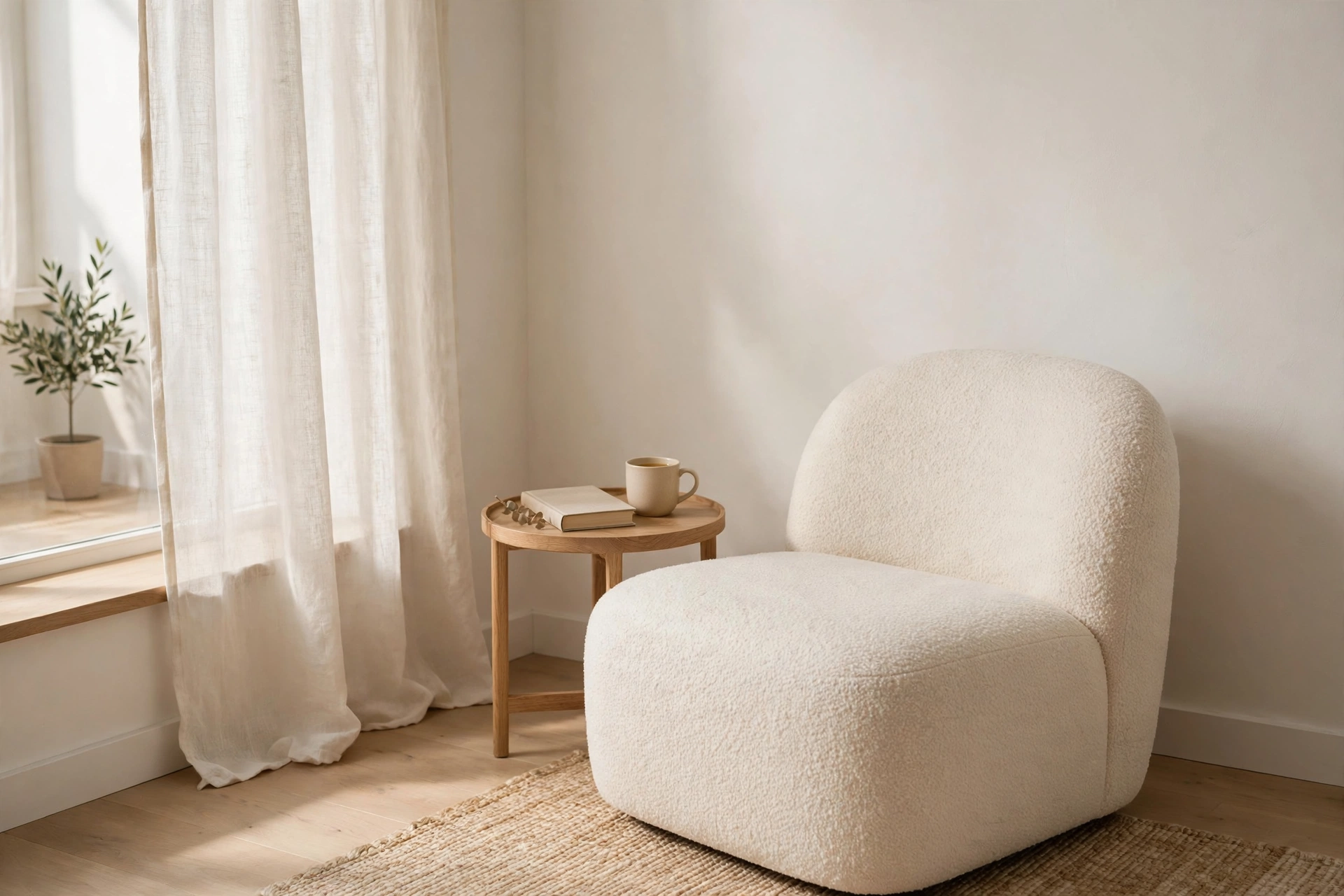 Armless boucle accent chair in a quiet corner of a minimalist studio apartment