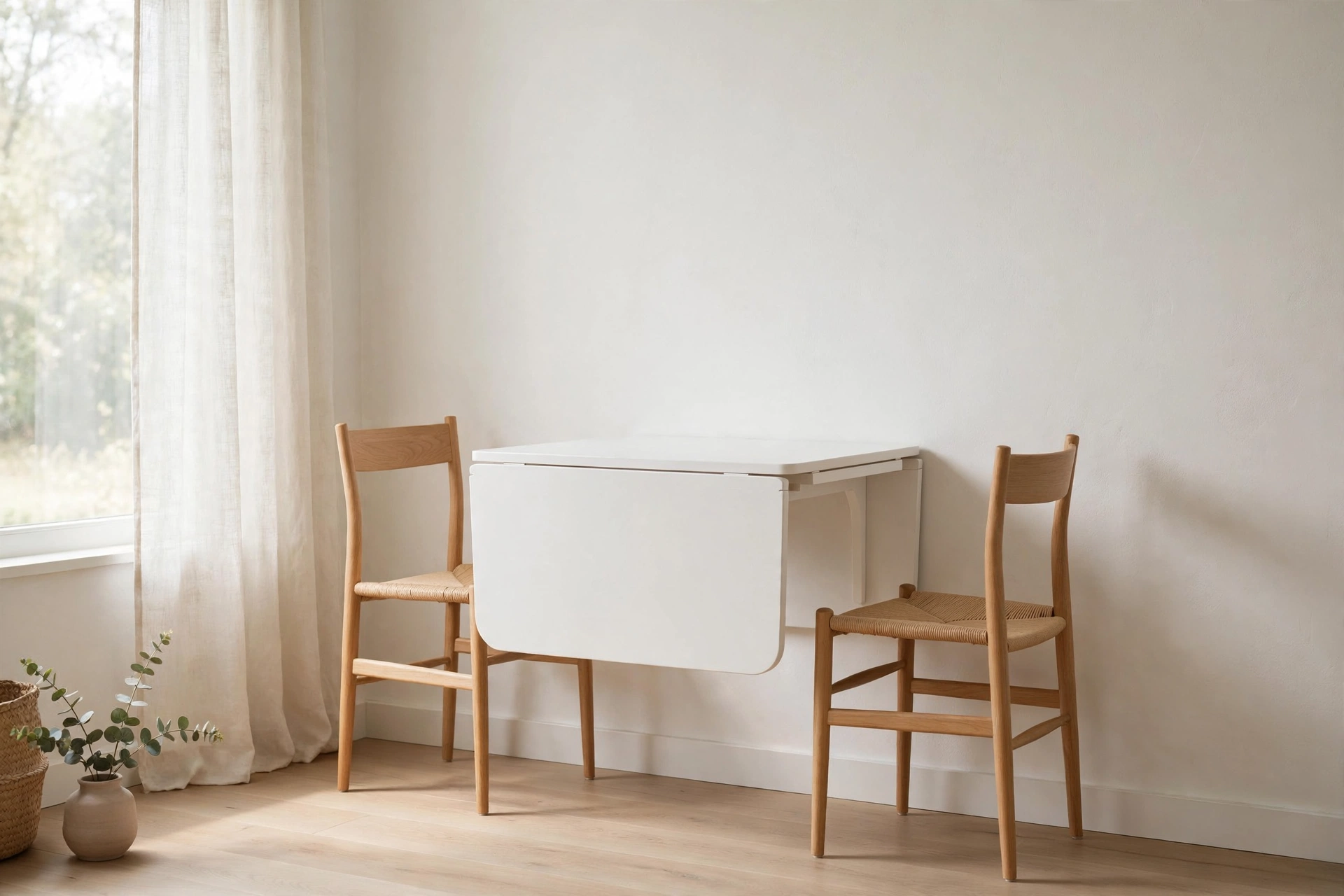 White drop-leaf dining table folded slim against the wall in a minimalist studio