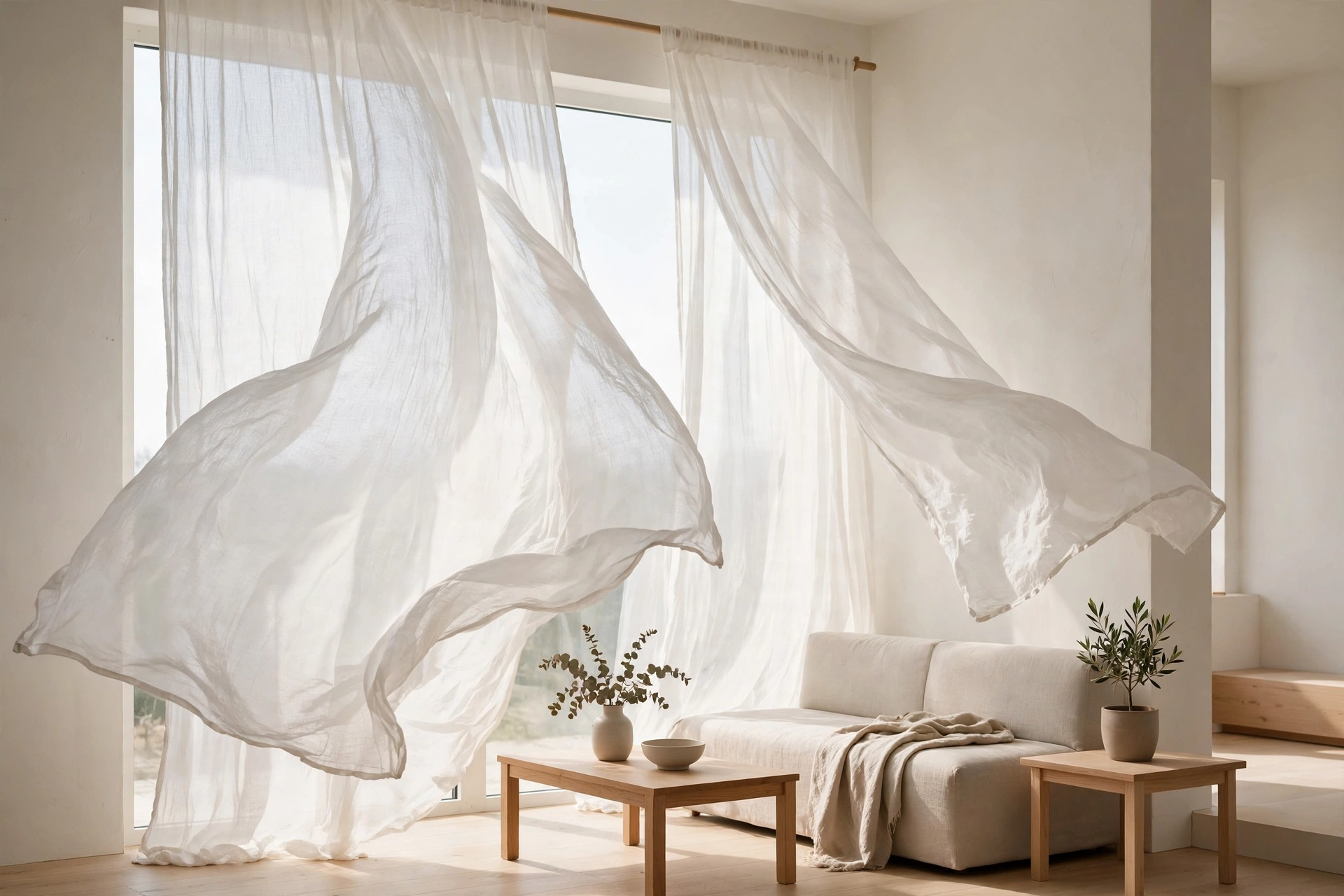 Sheer white linen curtains diffusing soft daylight in a minimalist studio apartment