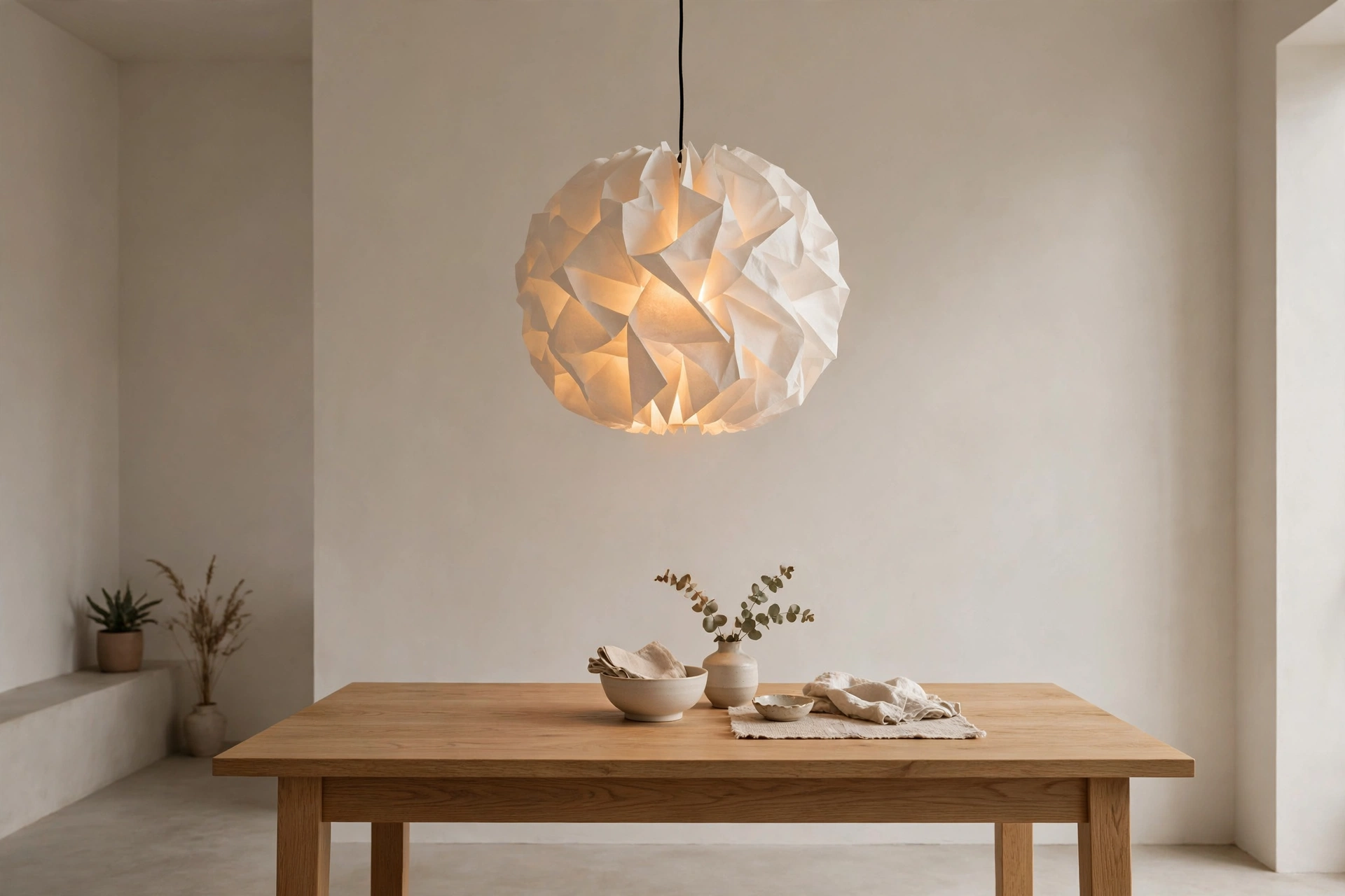 Single sculptural paper globe pendant light over a dining zone in a minimalist studio