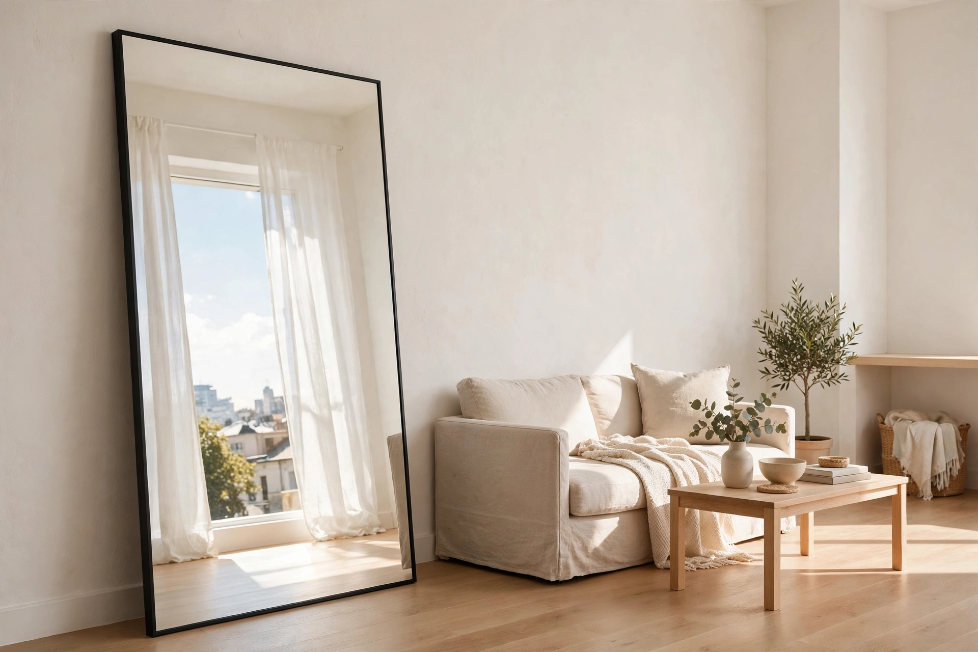 Large thin-framed mirror reflecting window light in a bright minimalist studio apartment