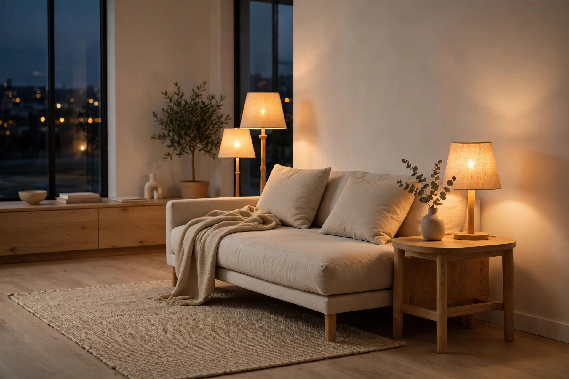 Minimalist studio living zone glowing with consistent warm 2700K lighting in the evening