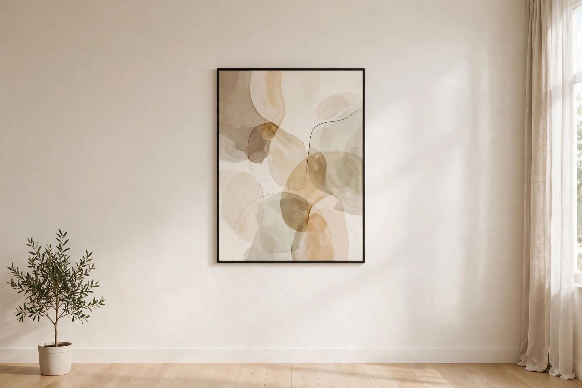 Single large abstract art print alone on a white wall in a minimalist studio apartment