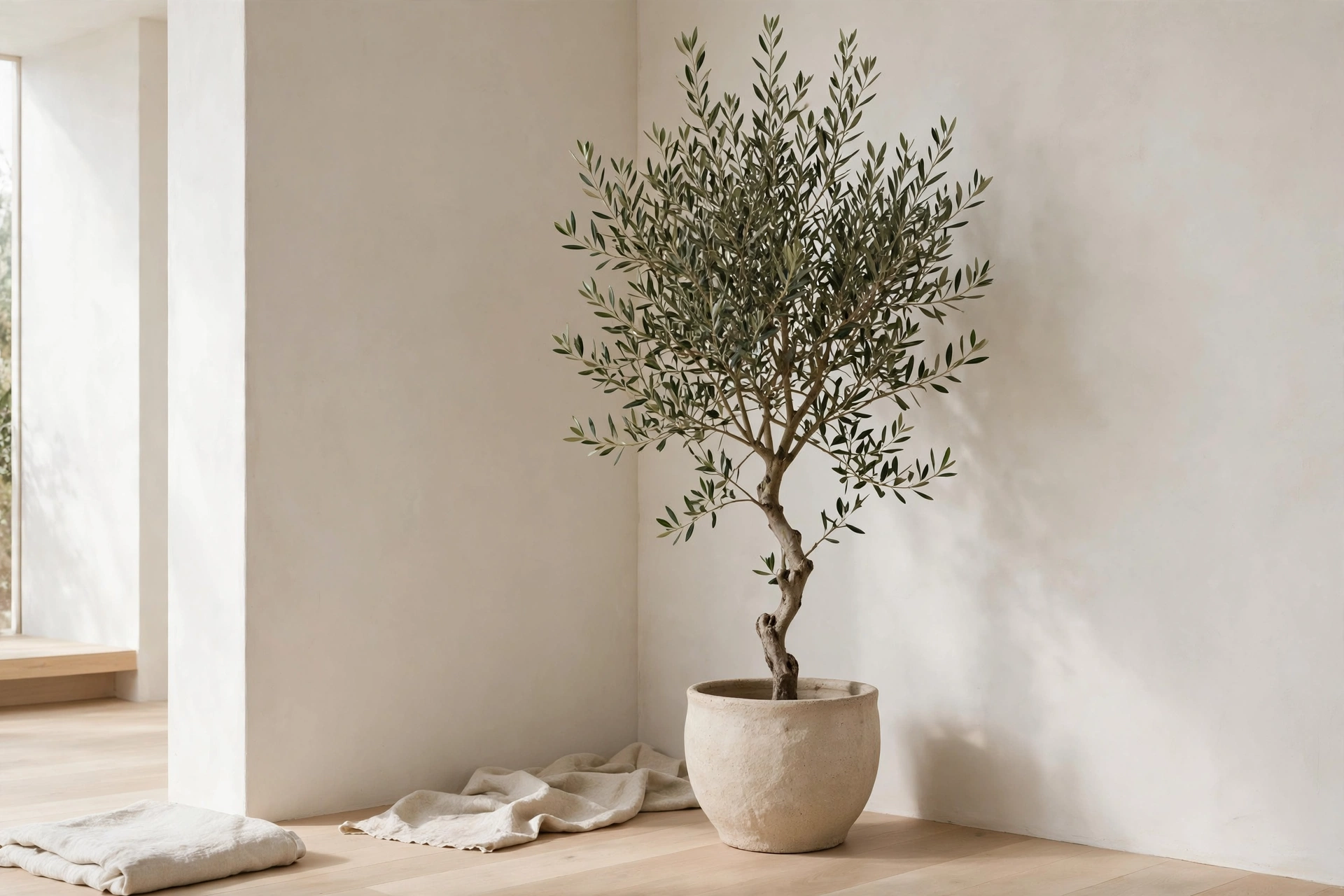 Single tall olive tree in a ceramic pot as a statement plant in a minimalist studio corner