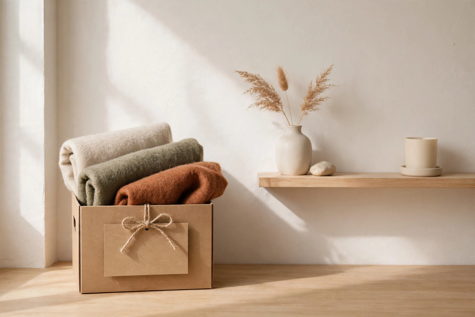 Small labeled box of seasonal decor swaps beside a calm minimalist studio shelf