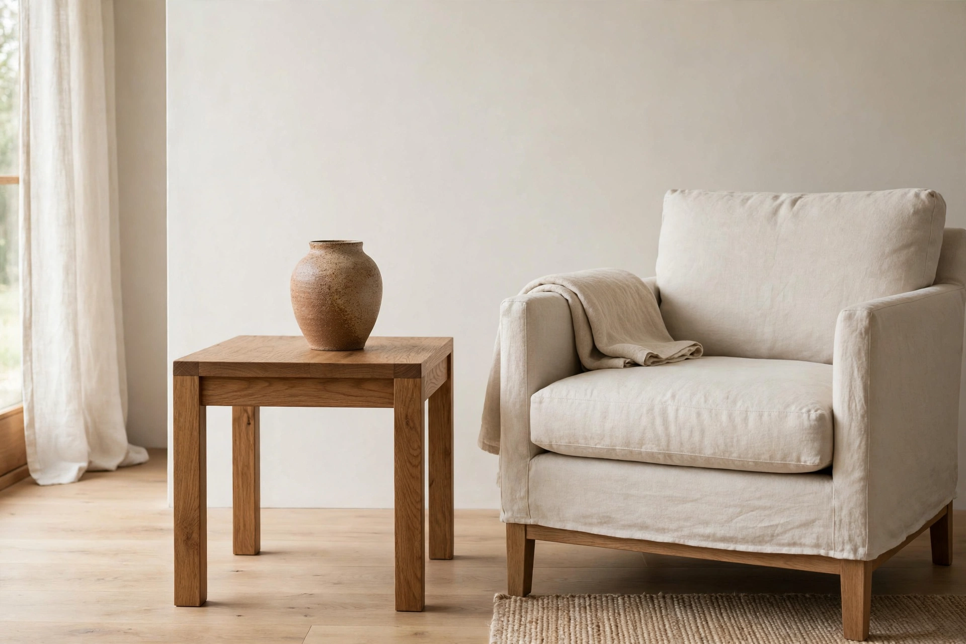 Single beautiful solid-oak side table with one ceramic vase in a minimalist studio