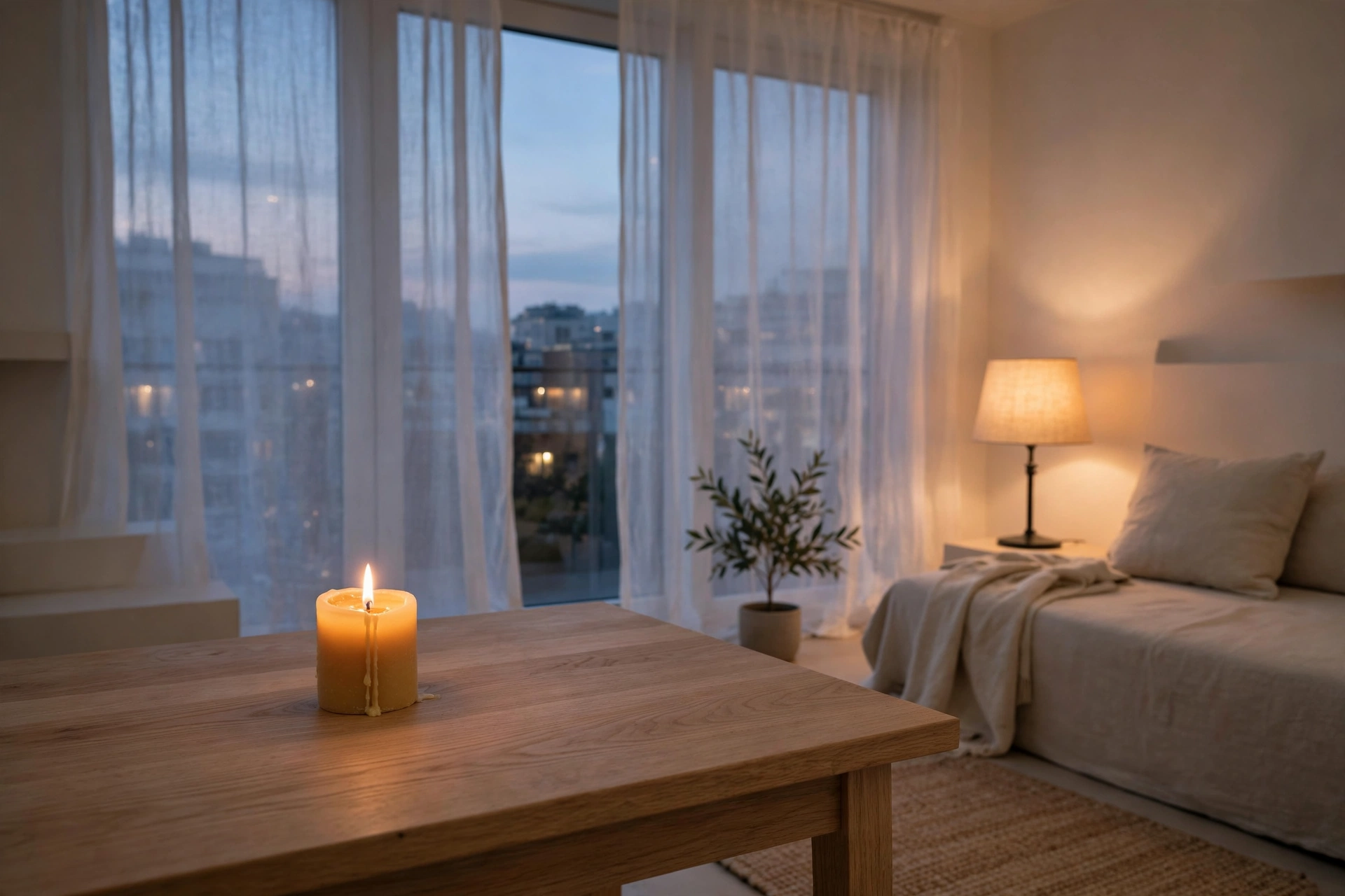 Peaceful minimalist studio apartment at dusk with a single lit candle and soft light