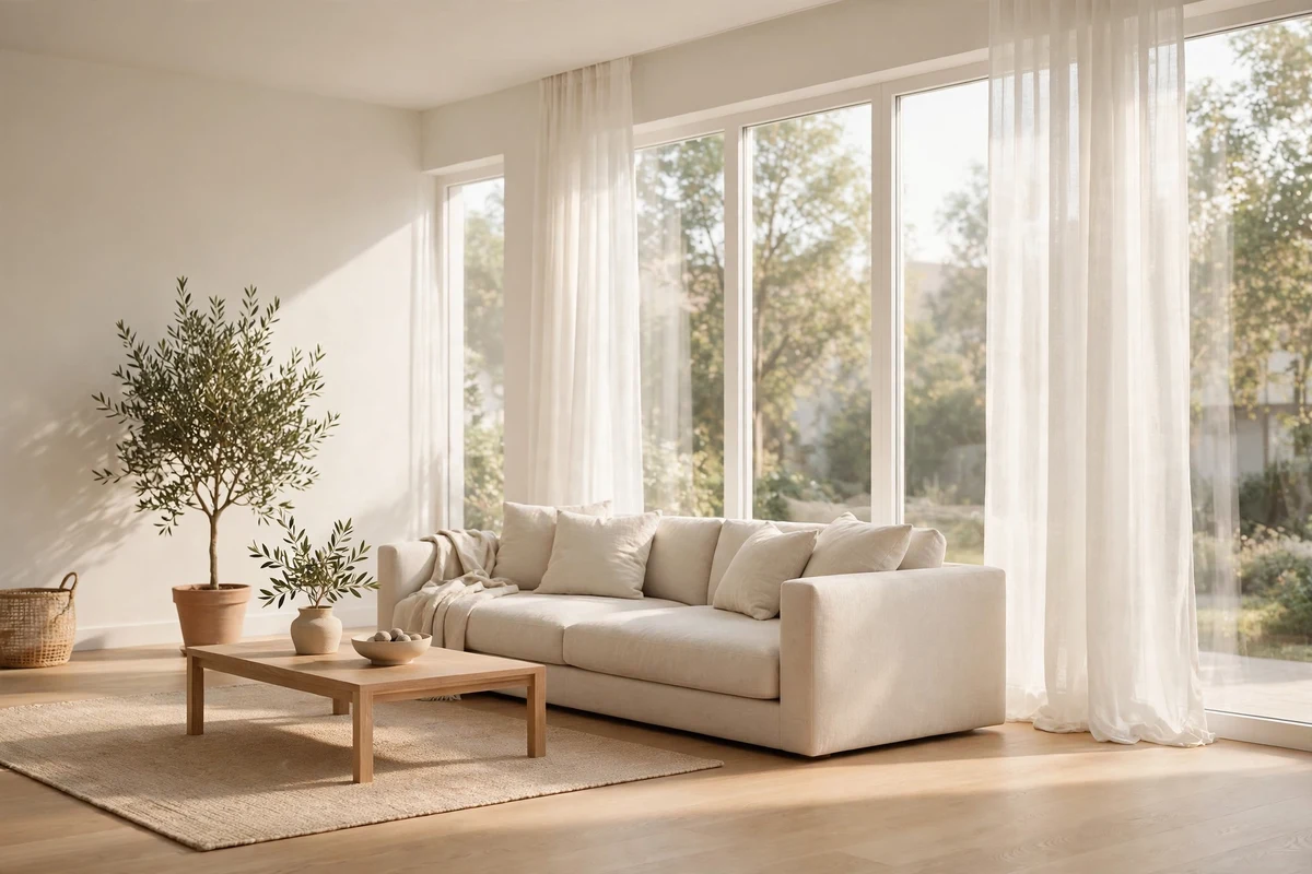 Minimalist living room with warm white walls glowing in natural light