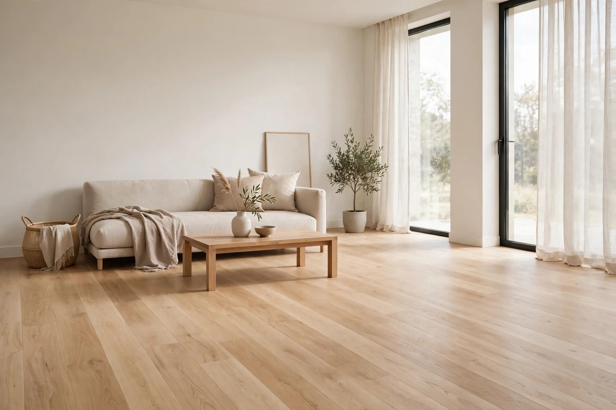 Light oak wood flooring flowing through a minimalist living room