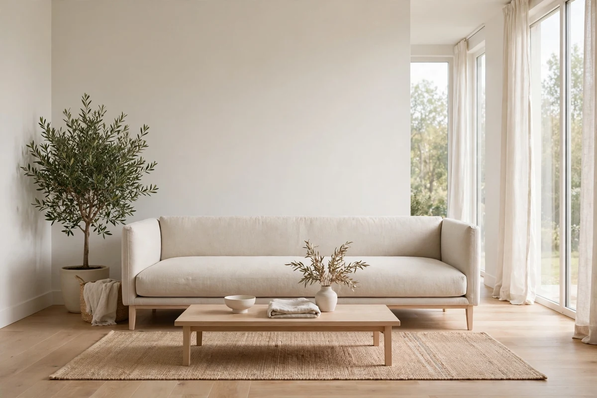 Low-profile minimalist sofa in oatmeal linen in a calm living room