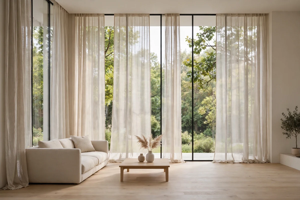 Floor-to-ceiling sheer linen curtains in a minimalist living room