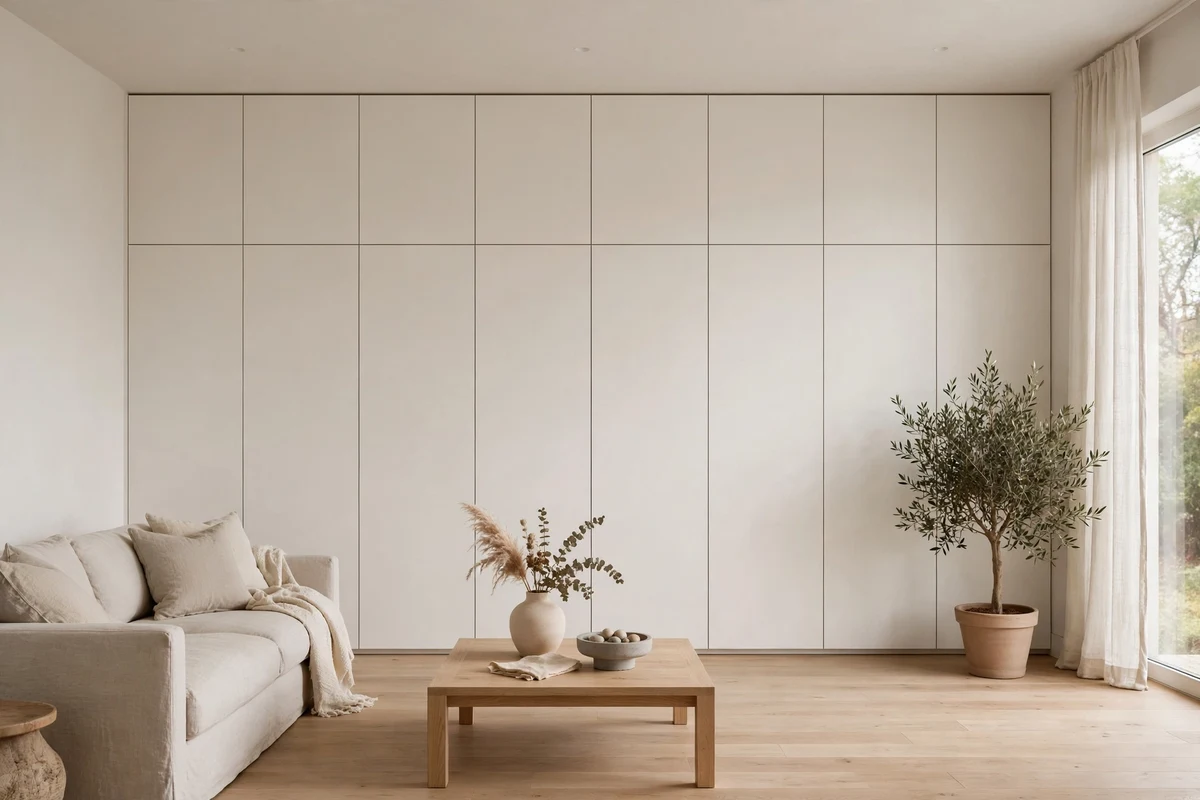 Seamless built-in storage wall blending into a minimalist living room