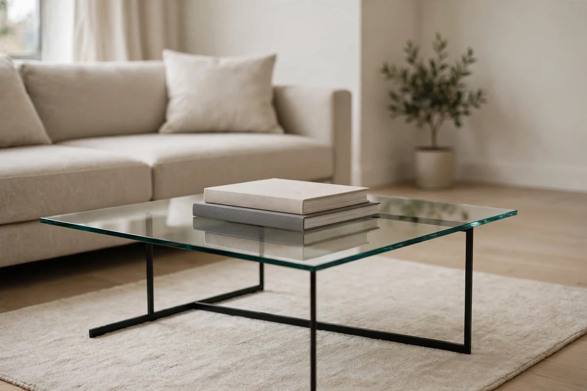 Glass coffee table in the center of a minimalist living room