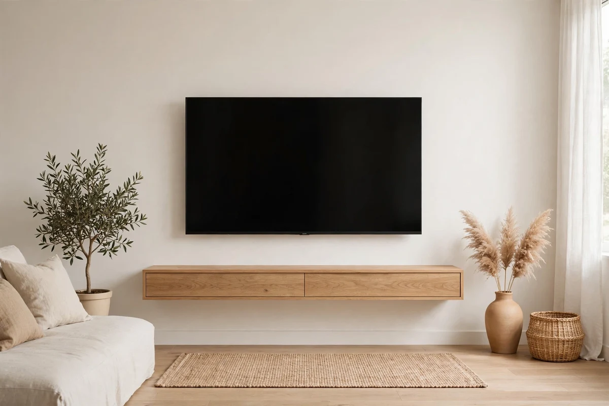 Flush-mounted TV on a clean minimalist media wall with hidden tech