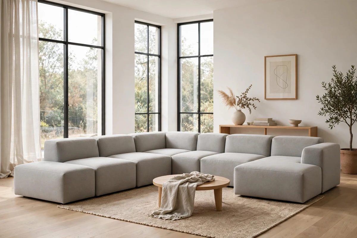 Modular minimalist sofa in a single neutral fabric