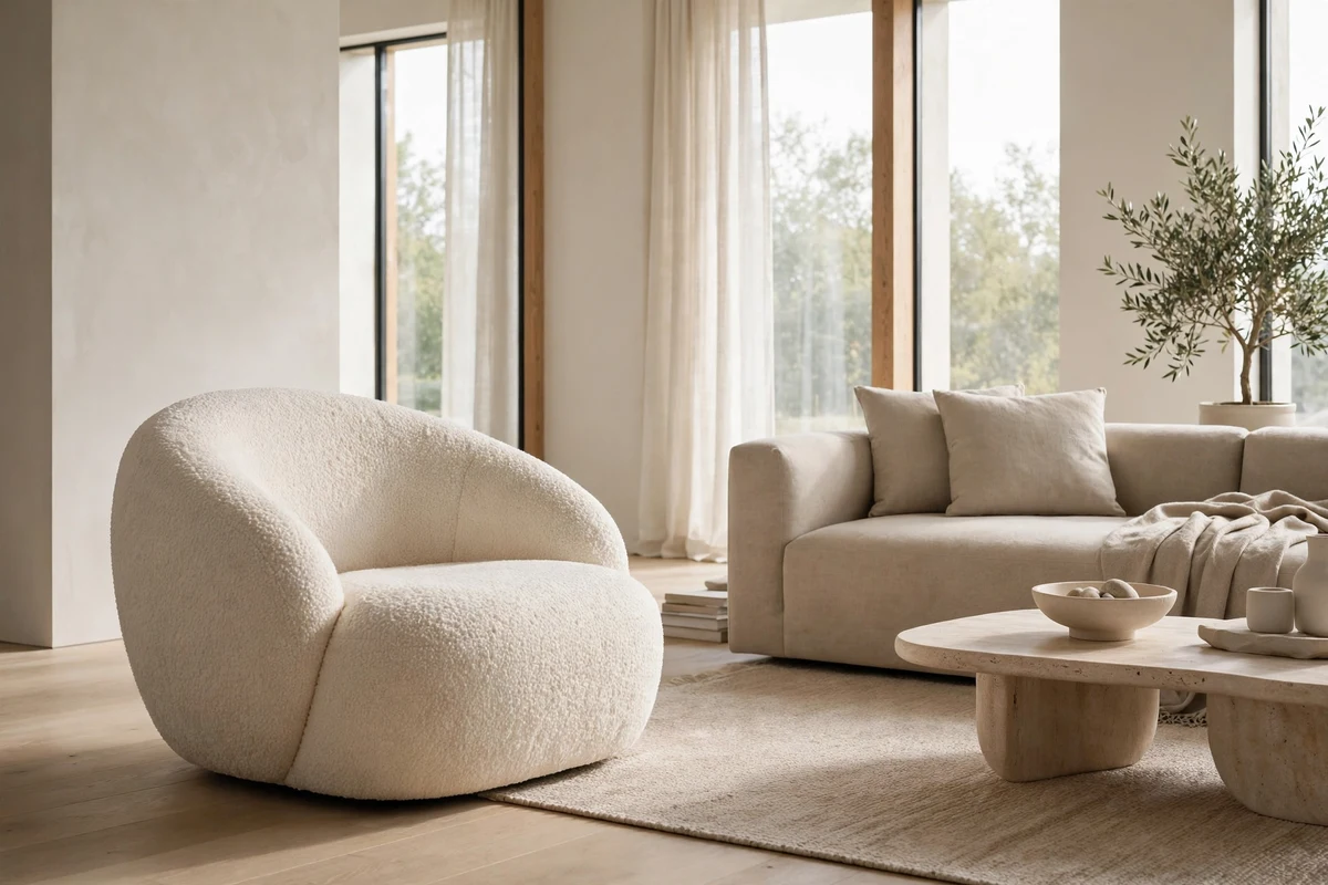Sculptural bouclé armchair as a statement piece in a minimalist room