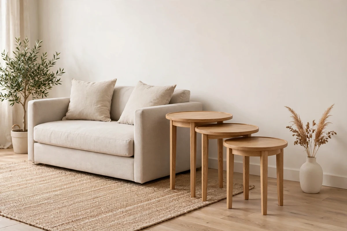 Set of nesting side tables beside a minimalist sofa