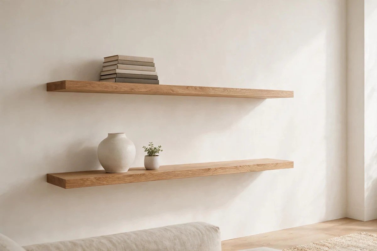 Minimalist floating shelves with carefully edited decor objects