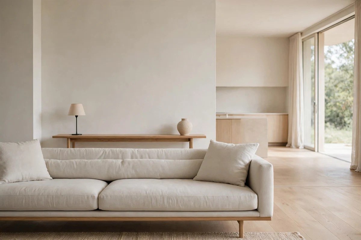 Slim console table styled simply behind a floating sofa