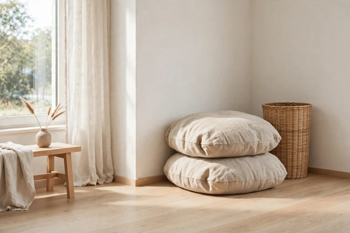 Linen floor cushions stacked in a minimalist living room corner