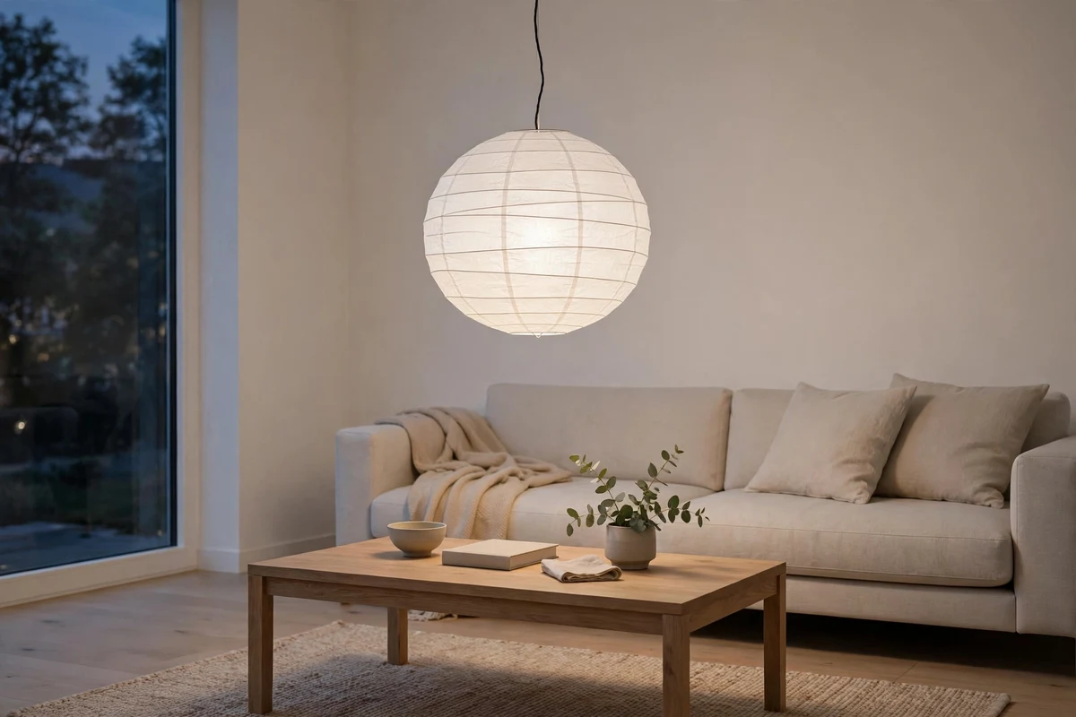 Single paper globe pendant light over a minimalist seating area