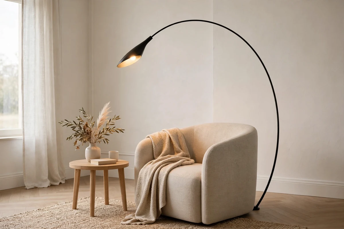 Slim arc floor lamp beside a reading chair in a minimalist room