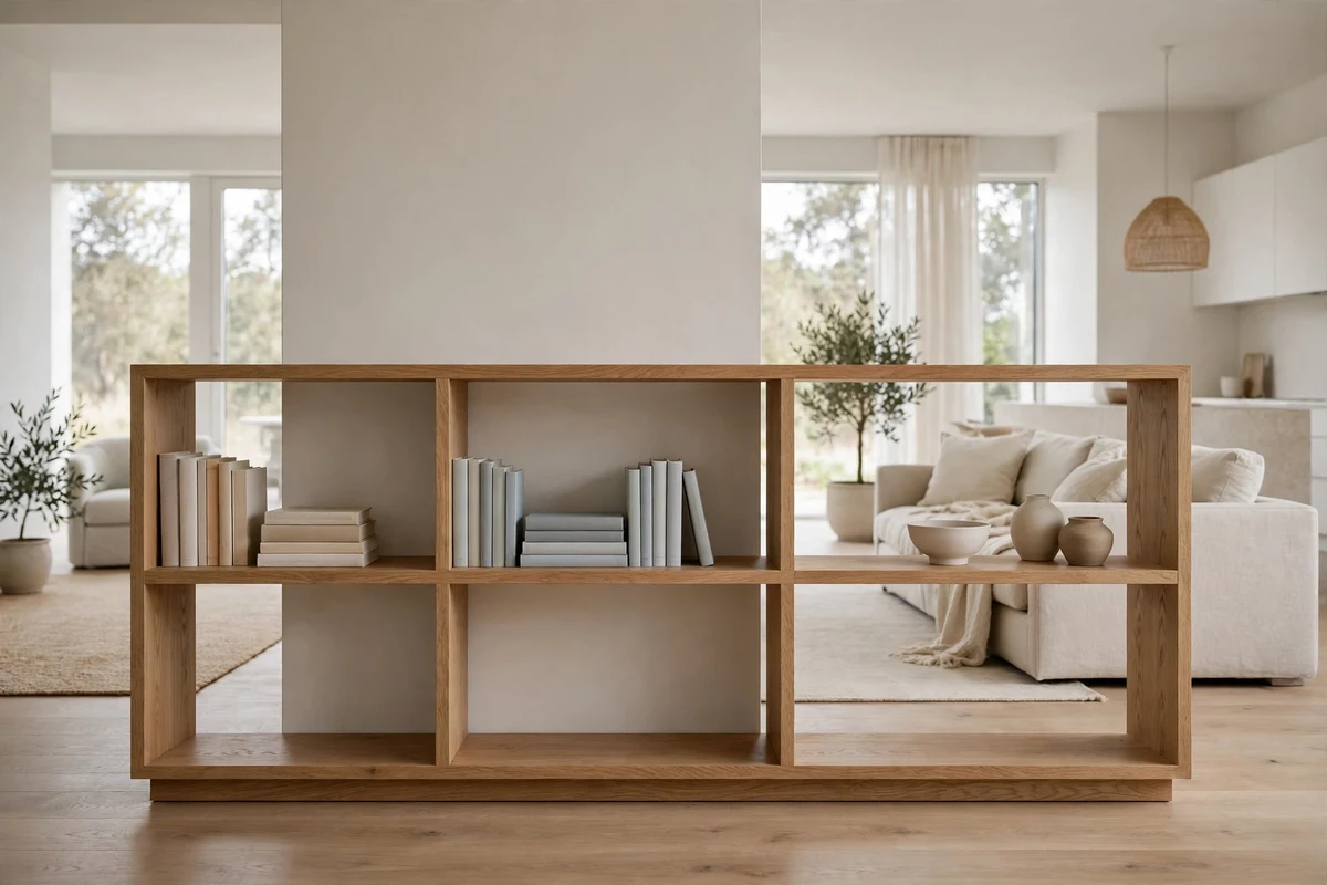 Low open bookshelf dividing zones in a minimalist open-plan room