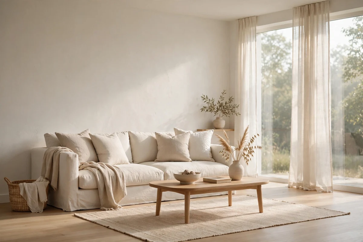 Minimalist living room in layered warm white and oatmeal tones
