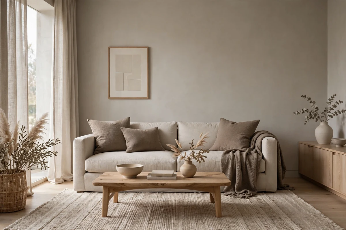 Minimalist living room with layered greige tones and soft textures