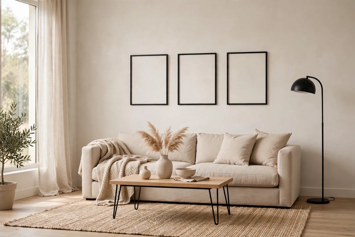 Minimalist neutral living room with strategic black accents