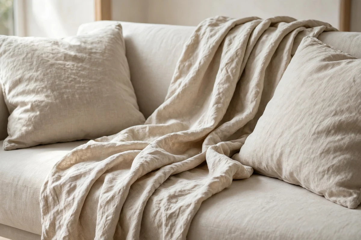 Washed linen cushions and throws softening a minimalist sofa