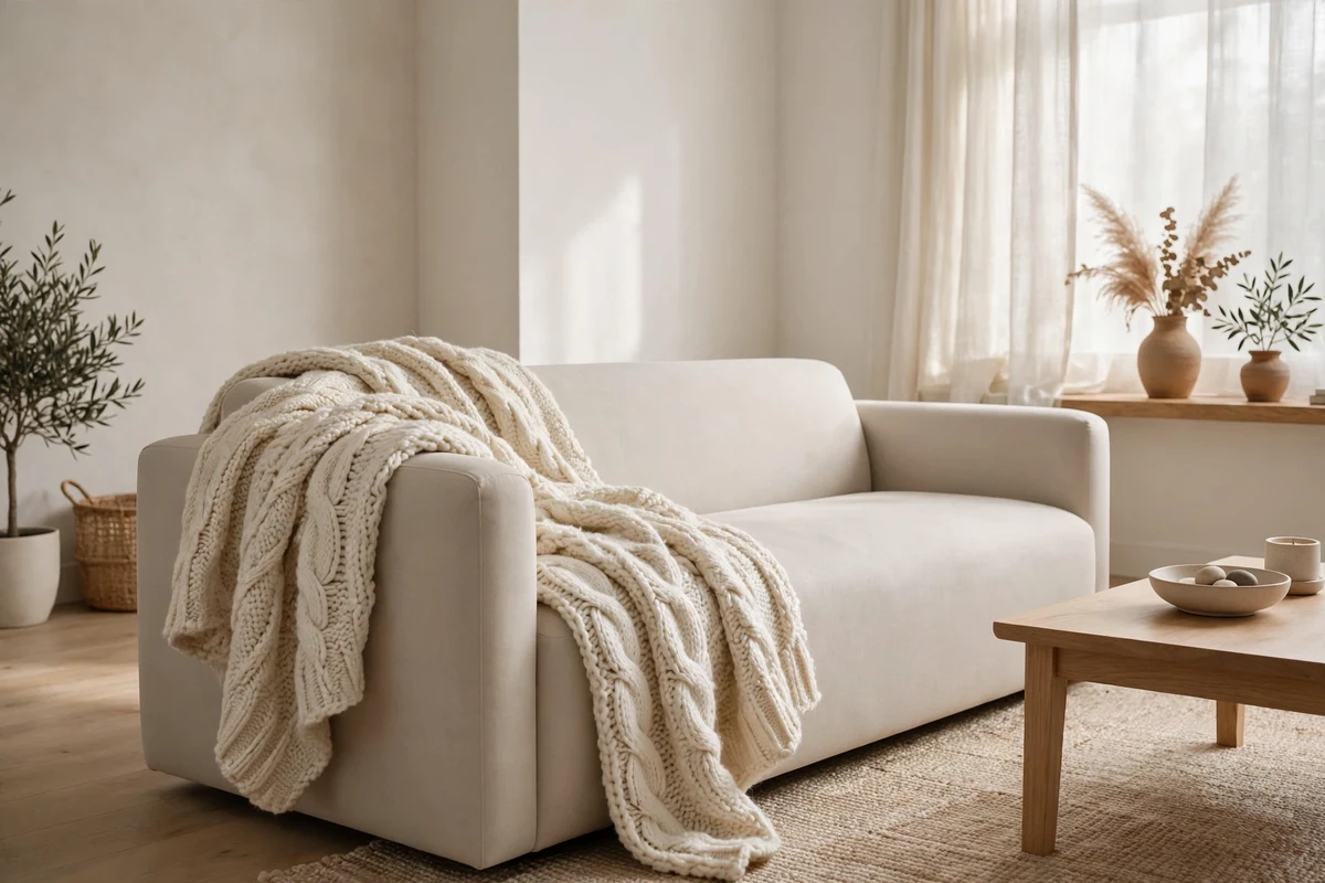 Chunky wool throw draped over a minimalist living room sofa