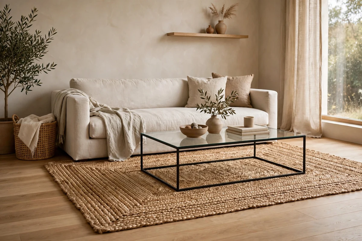 Natural jute rug grounding a minimalist living room seating area