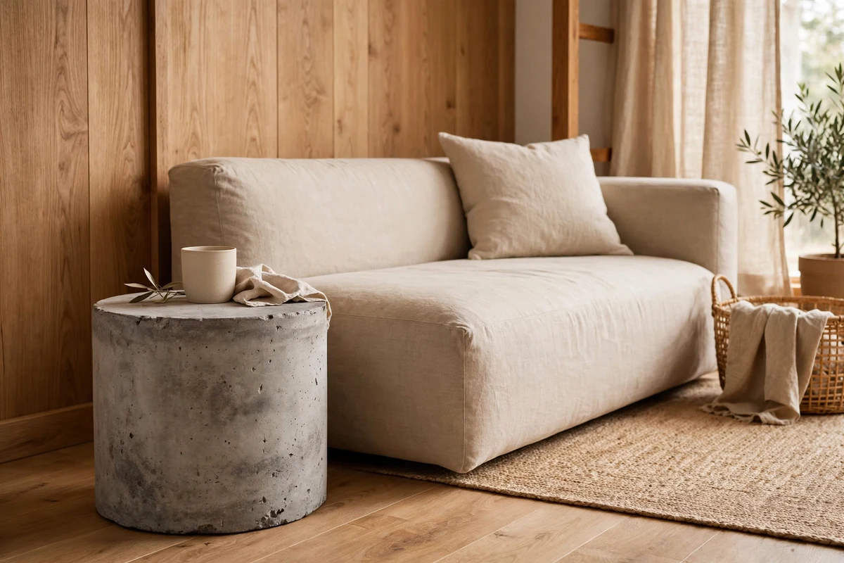 Single concrete side table adding raw texture to a minimalist room
