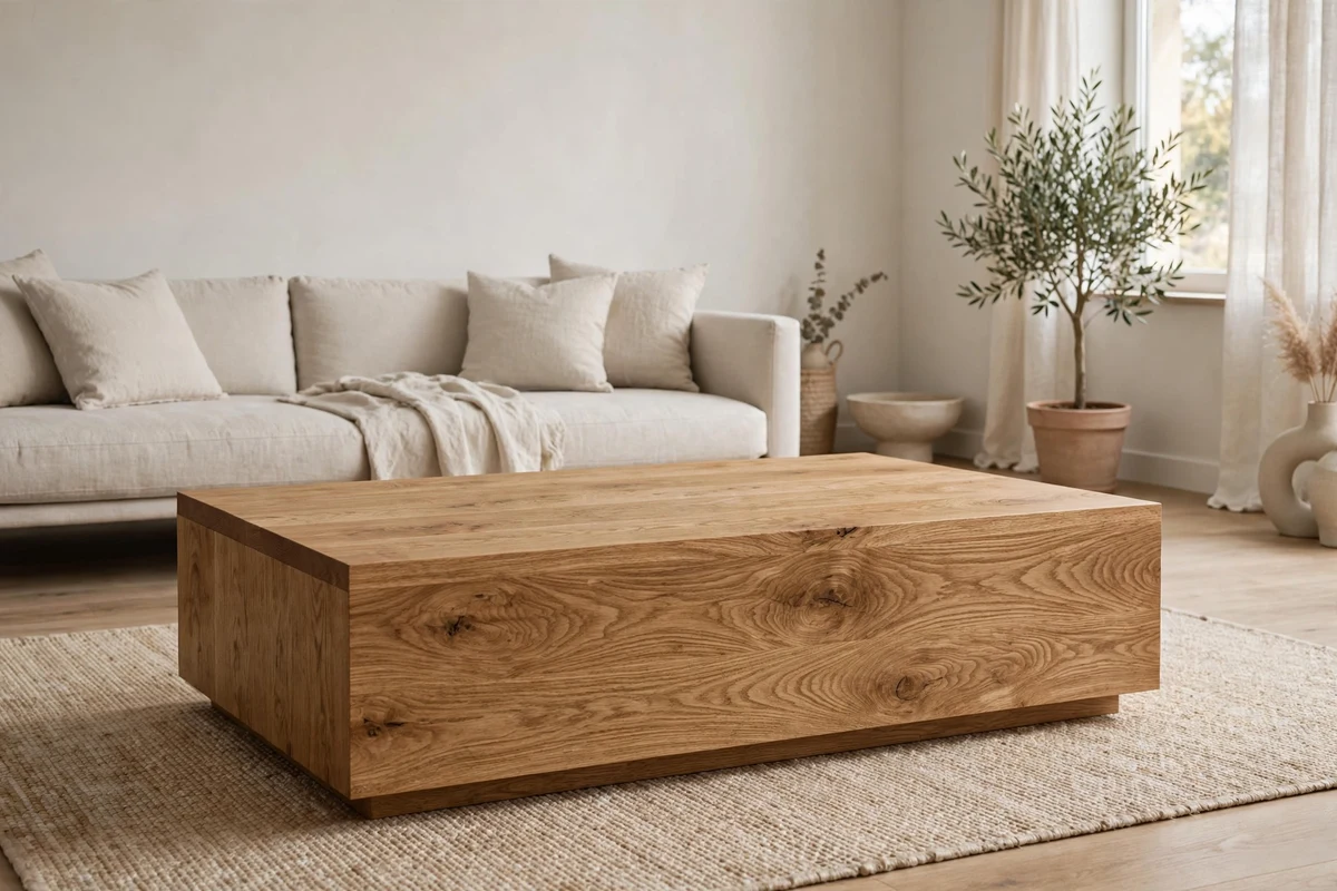 Oak coffee table with beautiful visible wood grain in a minimalist room