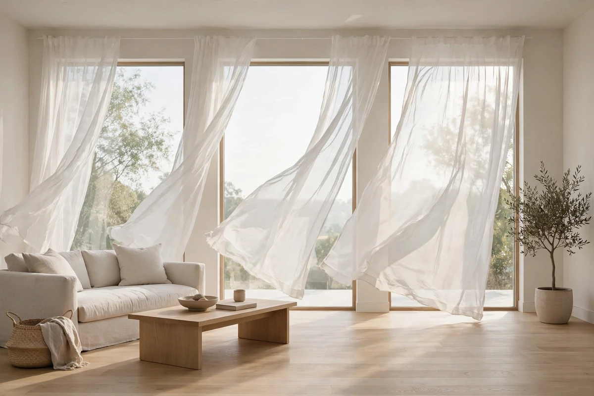 Sheer white curtains filtering daylight in a minimalist living room