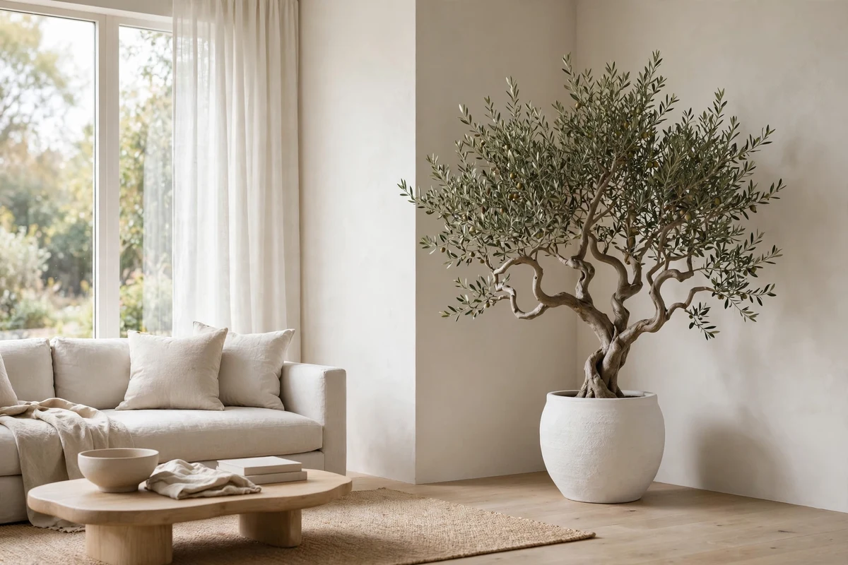 Single sculptural olive tree in a ceramic pot in a minimalist room