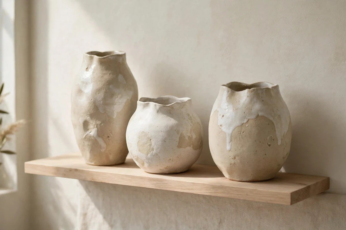 Handmade ceramic vessels styled sparsely on a minimalist shelf